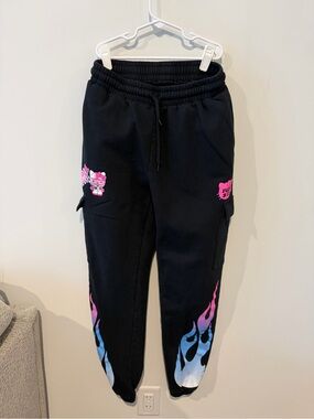 Hello Kitty Black Joggers with Pink & Blue Flame Graphics